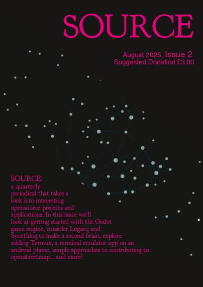 A cover image for SOURCE Issue 2. The heading and some text are in magenta with a black background. Diagonally across the middle is a complex looking graph which is a screenshot from Logseq. The bottom left corner has a triangle of text which contains info about the magazine content. 