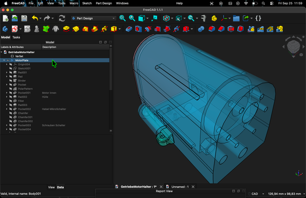 ScreenShot FreeCAD: a full enclosure for that geared motor; including indicator LED; 12 V power jack; micro switch with an activator pin that can be pulled with a string. – This machine is for stranding wires, so I will be up to 3 meters away from it when I need it to stop immediately. (this is still work in progress)