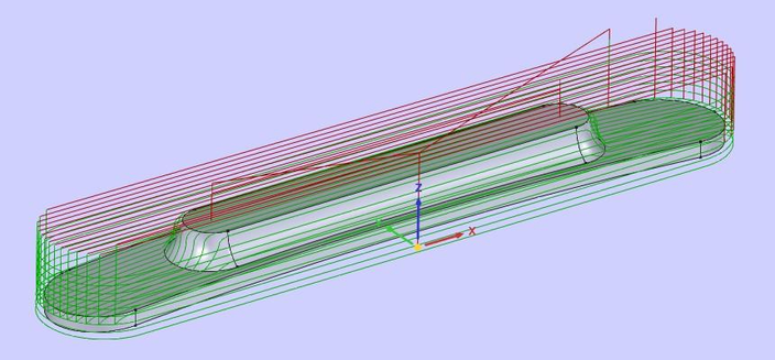 The CAD model of the bottom part of an archtop guitar bridge, with the toolpath for the CNC machining.