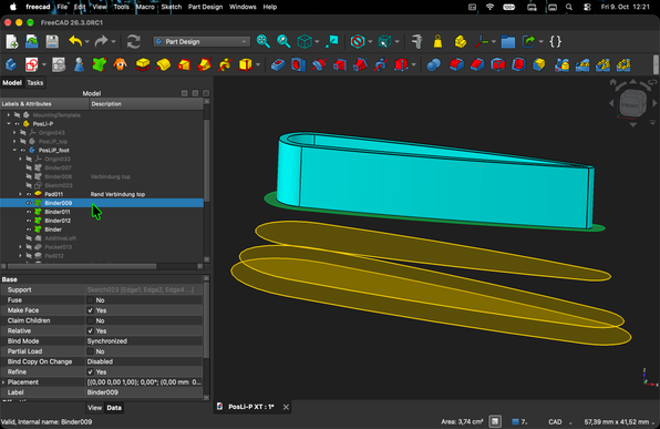 Screenshot FreeCAD with the model of the light's foot. I need to add height between the binders (used for an additive loft) and the upper pad "Rand". So all binders will get an additional offset and a pad is added between loft and "Rand". (At least that's my 1st plan … LOL)