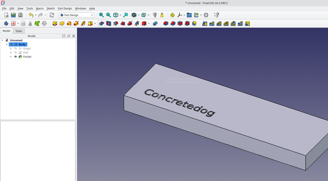 FreeCAD, in the preview window there is an extruded rectangle with "Concretedog" debossed into it. 
